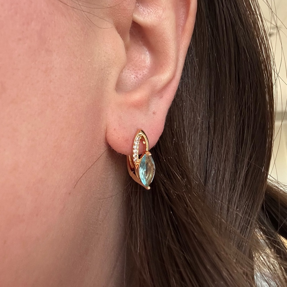 NEW Pretty Bird Jewelry | Rose Gold Plated C-Hoop Earrings - Aqua & White Stones